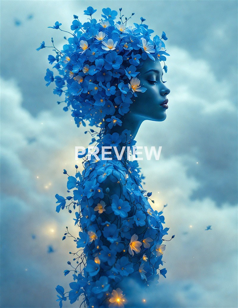 A woman with her hair and body adorned with numerous blue flowers, blending into a dreamy, cloudy sky background with soft lighting.